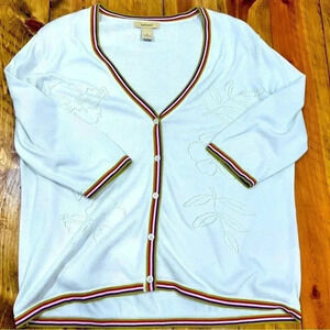 Bechamel button front cardigan white with cut out floral design & striped trim